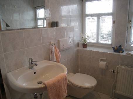 Das Badezimmer mit Handwaschbecken, Toilette, groem Spiegel und viel Ablagemglichkeit.....